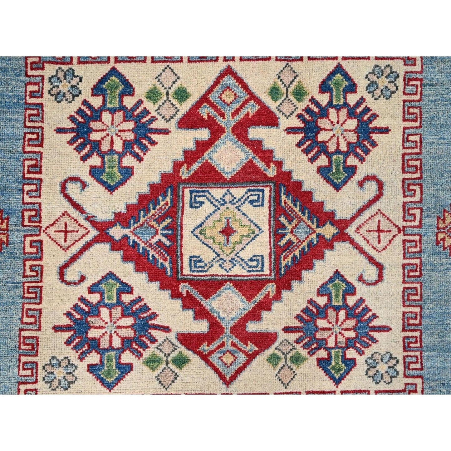 9'X11'9" Blue Hand Knotted Kazak Tribal Pattern Pure Wool Oriental Rug