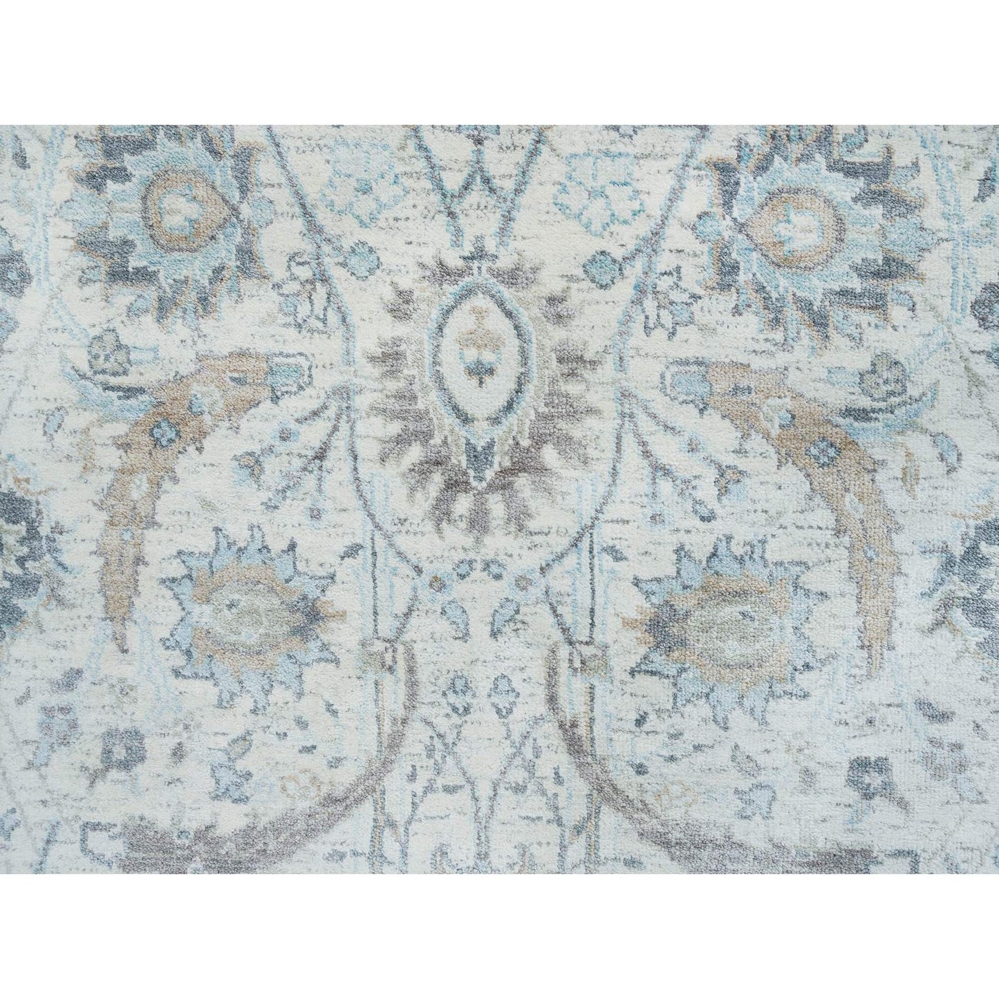 2'6"X20' Ivory Sickle Leaf Design Silk/Wool Hand Knotted Xl Runner Rug