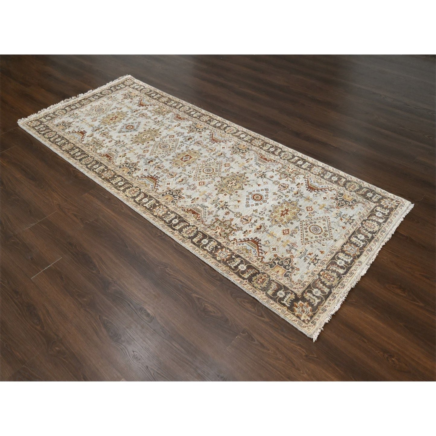 4'2"X9'10" Gray Karjihooz Design Pure Wool Hand Knotted Wide Runner Rug