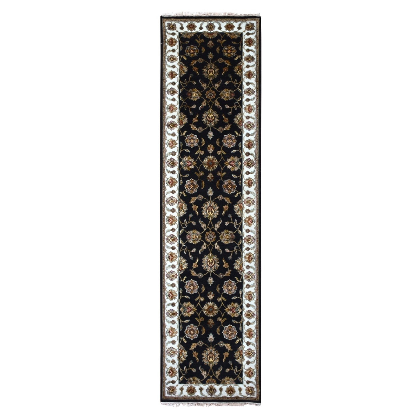 2'6"X10' Oyster Black Rajasthan Design Wool Silk Hand Knotted Runner Rug