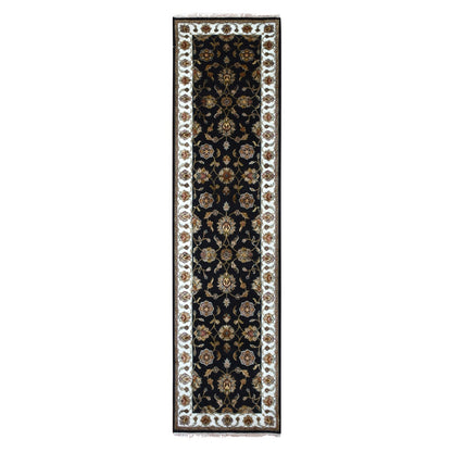 2'6"X10' Oyster Black Rajasthan Design Wool Silk Hand Knotted Runner Rug