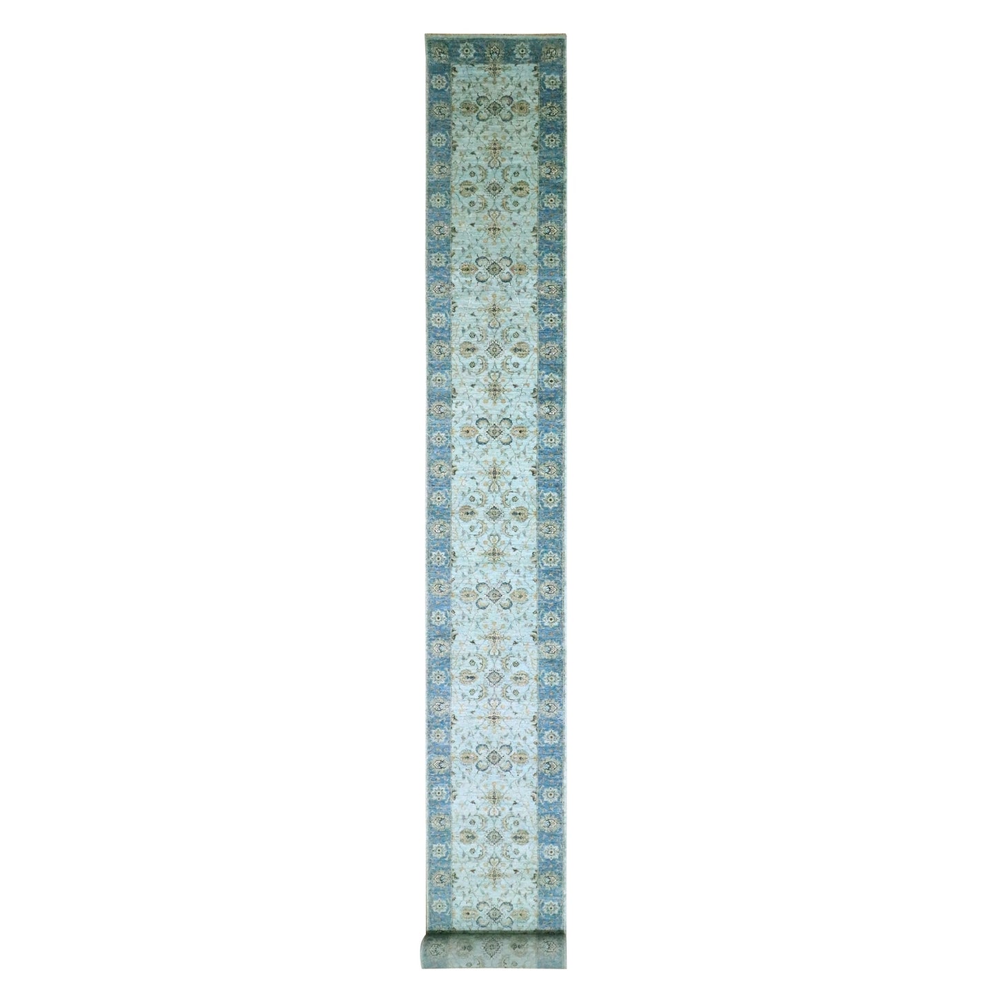 2'8"X24'1" Blue Agra Flower Design Pure Wool Hand Knotted Xl Runner Rug