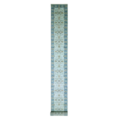 2'8"X24'1" Blue Agra Flower Design Pure Wool Hand Knotted Xl Runner Rug