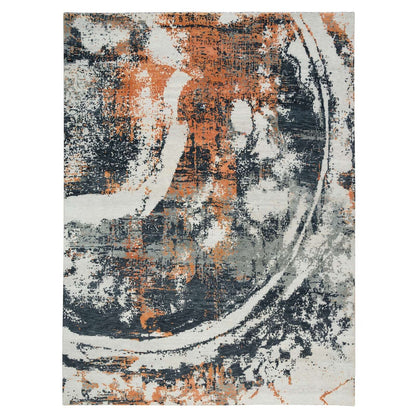 9'3"X11'9" Black Abstract With Curvilinear Motif Hand Knotted Modern Rug