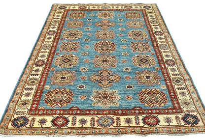 Tribal Geometric Kazak Area Rug Blue Farmho Boho