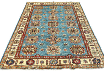 Tribal Geometric Kazak Area Rug Blue Farmho Boho