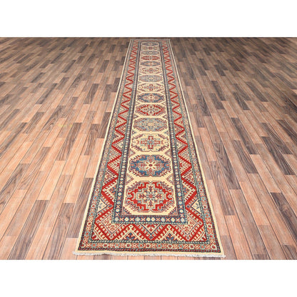 2'10"X15'5" Ivory Kazak With Geometric Design Hand Knotted Rug Wool Runner