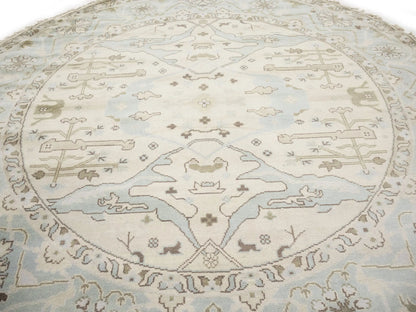 Hand-Knotted Cream Round Oushak Oriental Rug