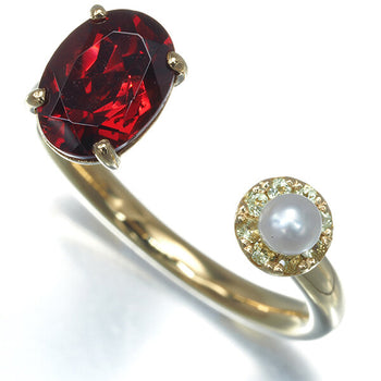 Garnet 1.86Ct Peridot 0.08Ct Pearl 3.0Mm Ring 18K