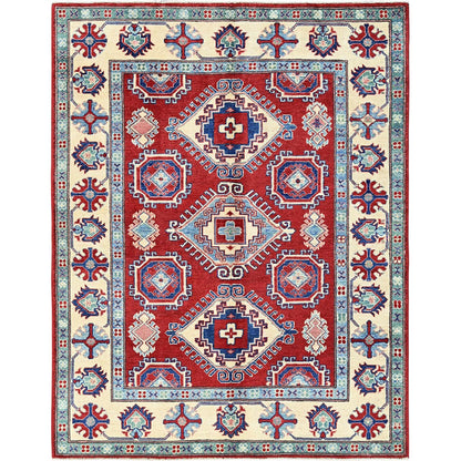 5'1"X6'9" Berry Red Hand Knotted Kazak With Tribal Motifs Soft Wool Rug