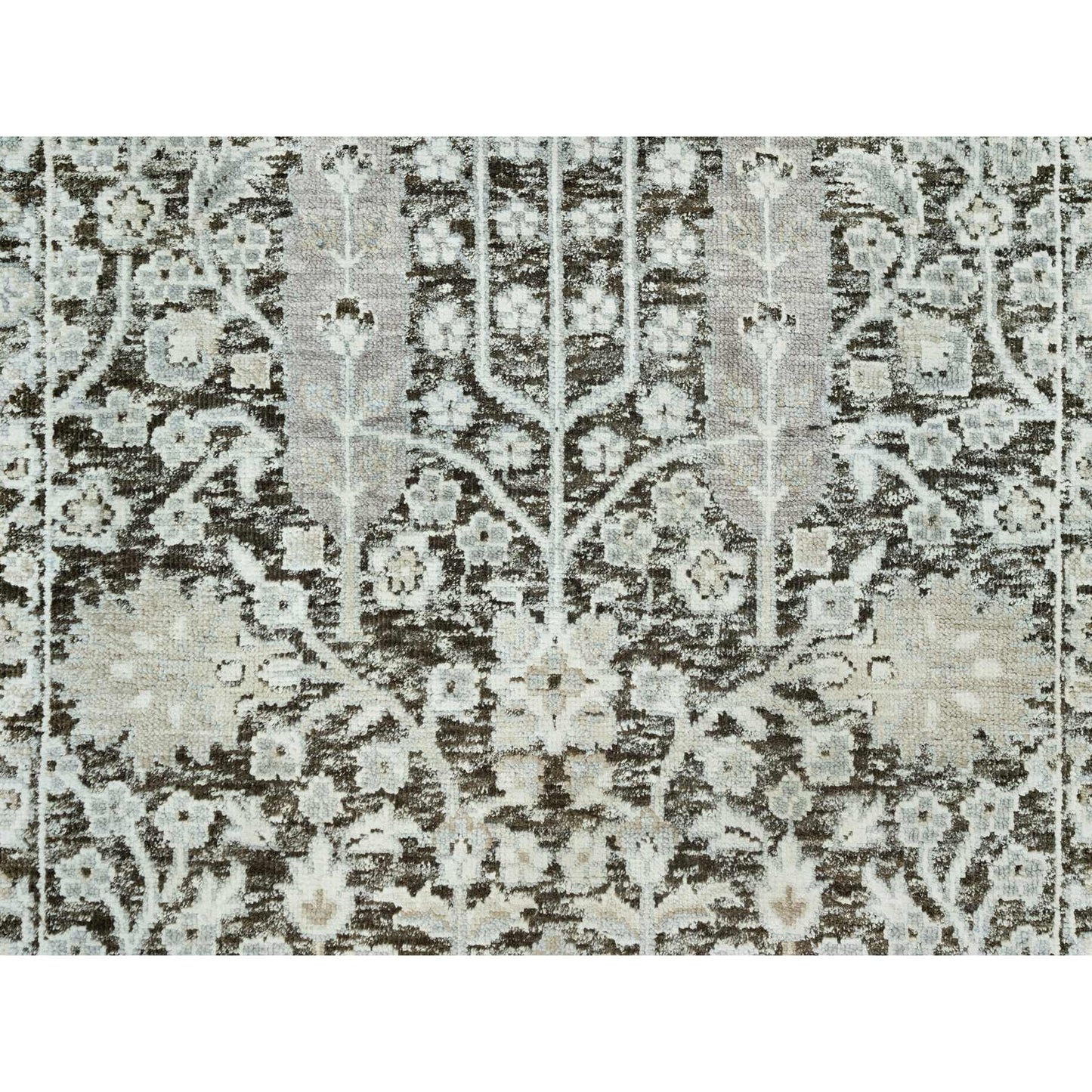 2'6"X9'10" Gray Hand Knotted Silk And Wool Willow Cypress Tree Runner Rug