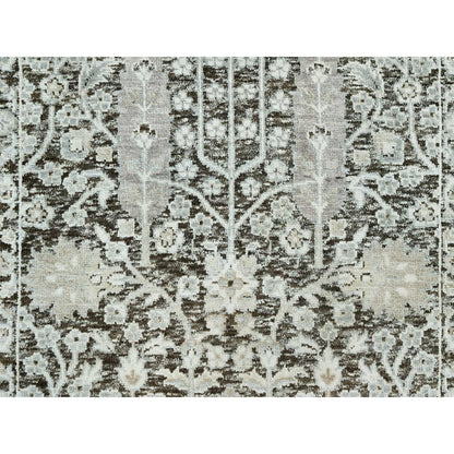 2'6"X9'10" Gray Hand Knotted Silk And Wool Willow Cypress Tree Runner Rug