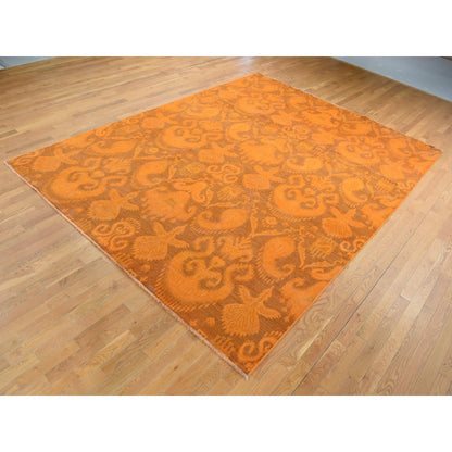 9'1"X12'3" Hand Knotted Pure Wool Orange Cast Overdyed Ikat Oriental Rug