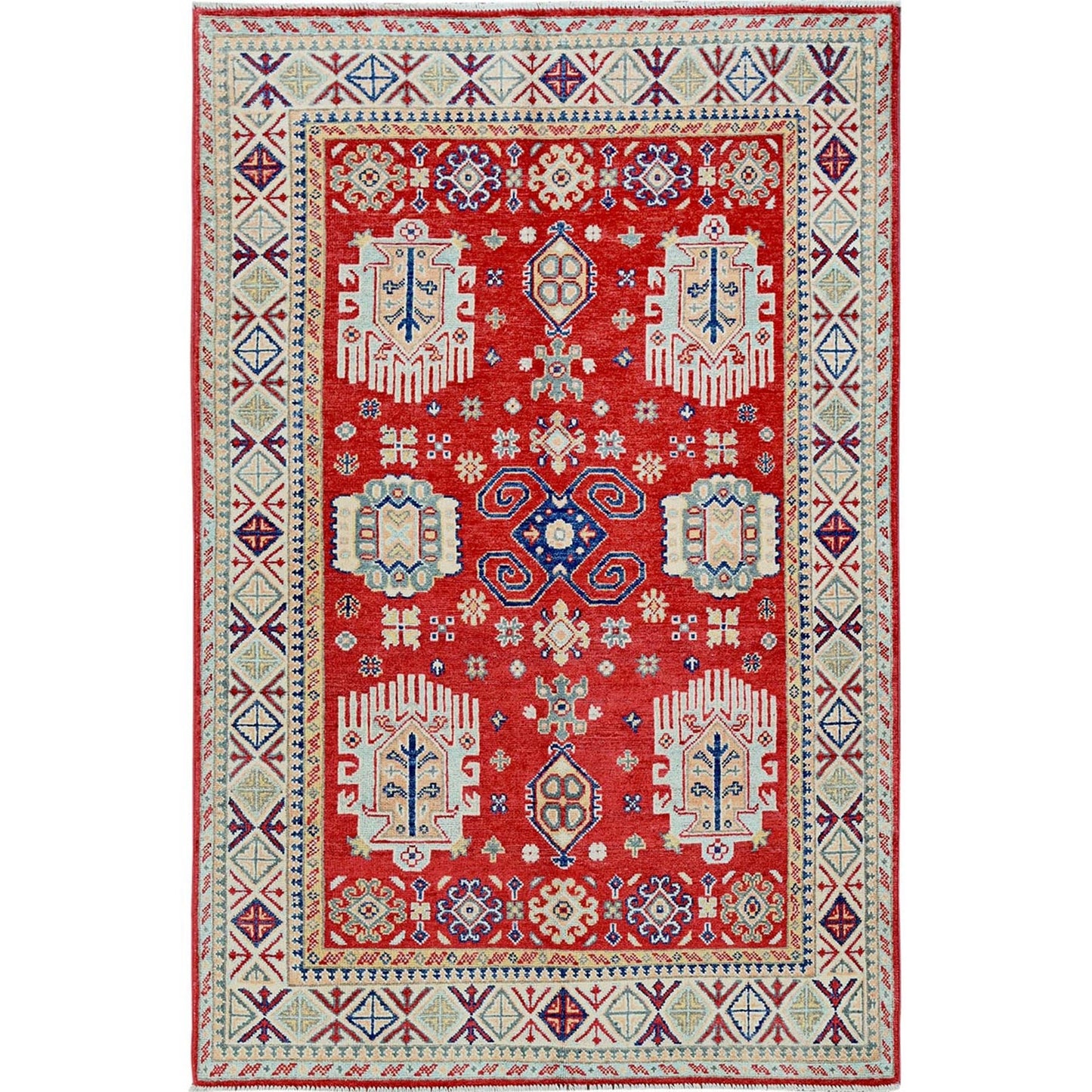 3'10"X5'10" Arsenal Red Kazak With Tribal Motifs Hand Knotted Soft Wool Rug