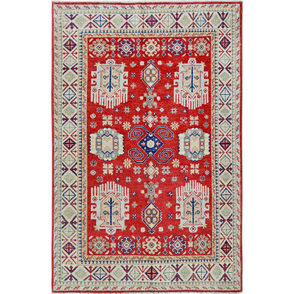 3'10"X5'10" Arsenal Red Kazak With Tribal Motifs Hand Knotted Soft Wool Rug
