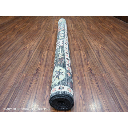 6'7"X9'5" Black Afghan Angora Oushak Pop Of Color Wool Hand Knotted Rug
