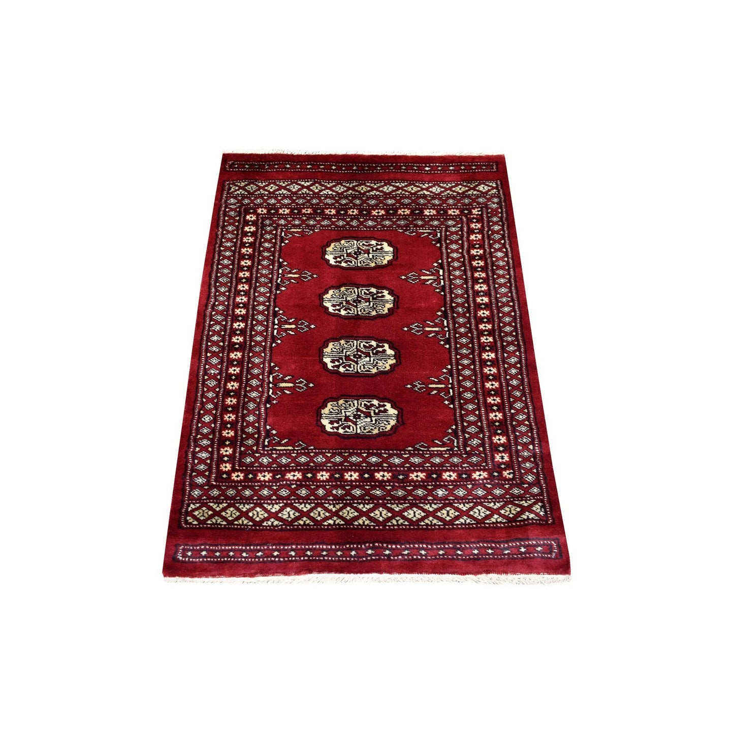 2'6"X3'9" Hand Knotted Mori Bokara Deep Red Pure Wool Oriental Rug