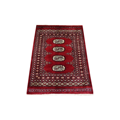 2'6"X3'9" Hand Knotted Mori Bokara Deep Red Pure Wool Oriental Rug
