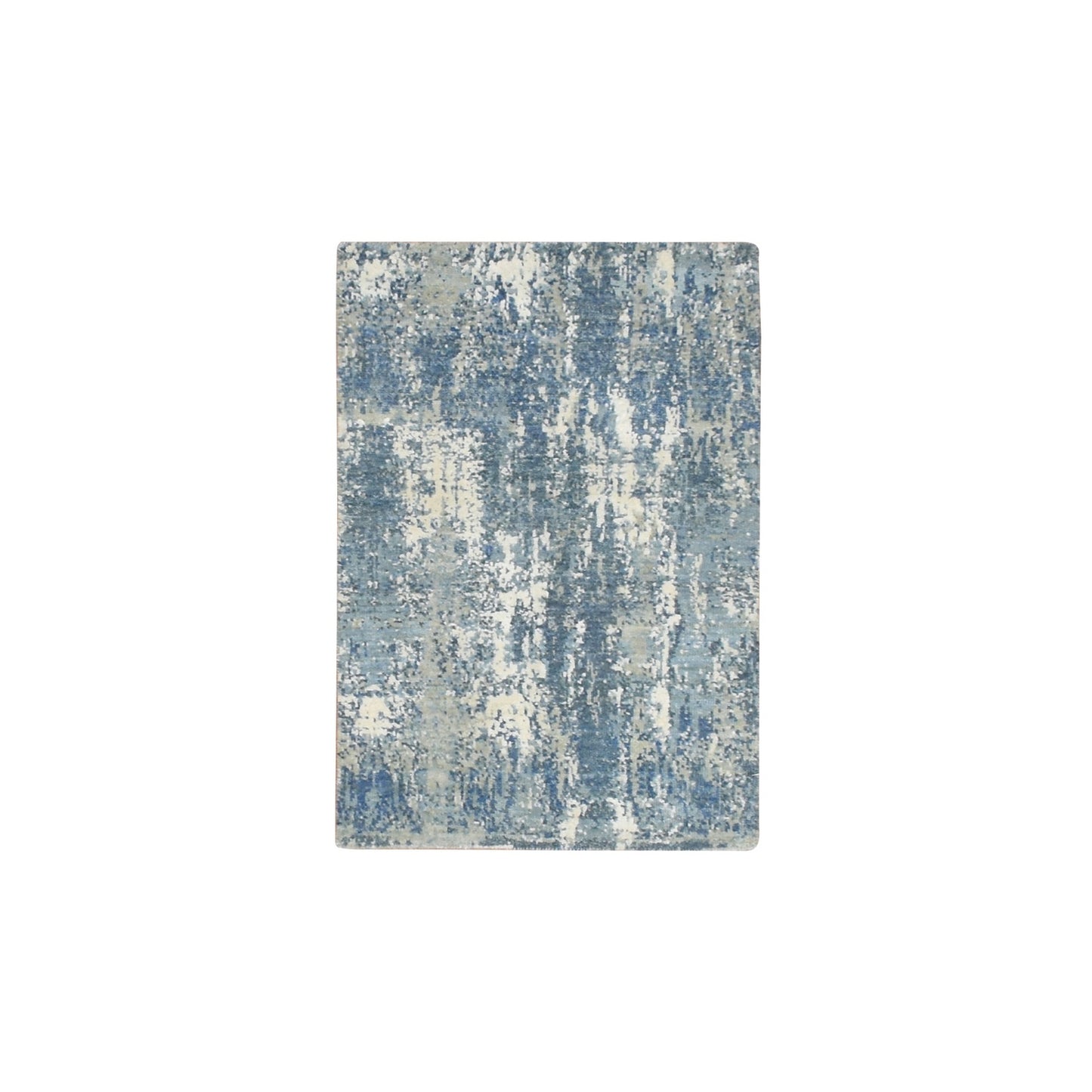 2'1"X3' Blue Abstract Design Pure Silk And Wool Hand Knotted Mat Rug
