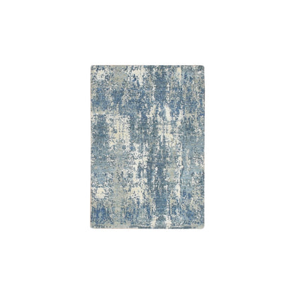 2'1"X3' Blue Abstract Design Pure Silk And Wool Hand Knotted Mat Rug
