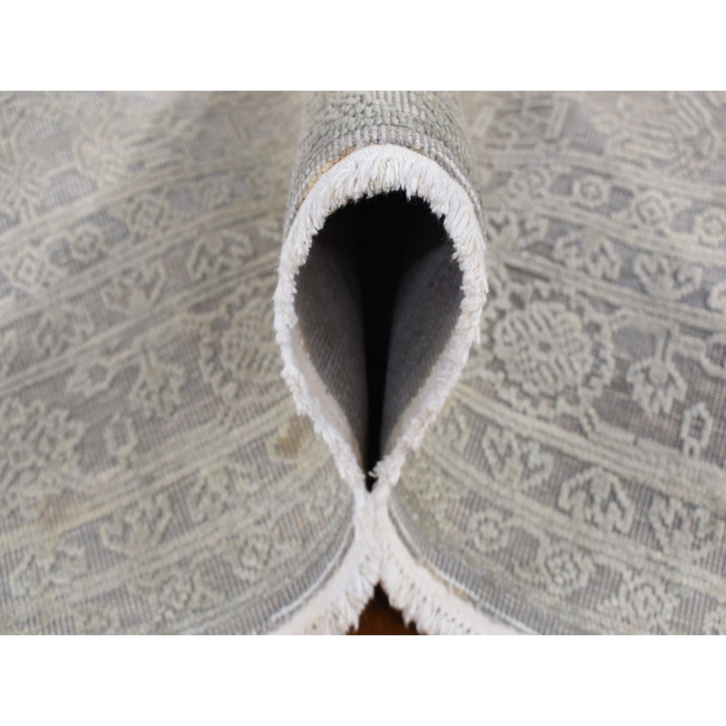 8'10"X12' Gray Silk With Textured Wool Tone On Tone Hand Knotted Rug