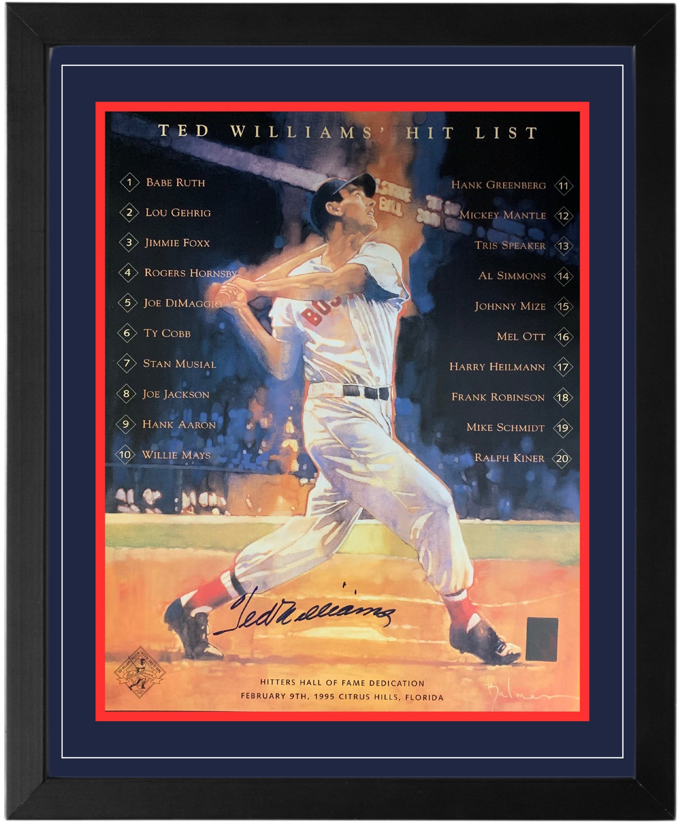 Ted Williams Signed Teds Top Twenty Hit List Framed 16X20 Photo (Green Diamond)