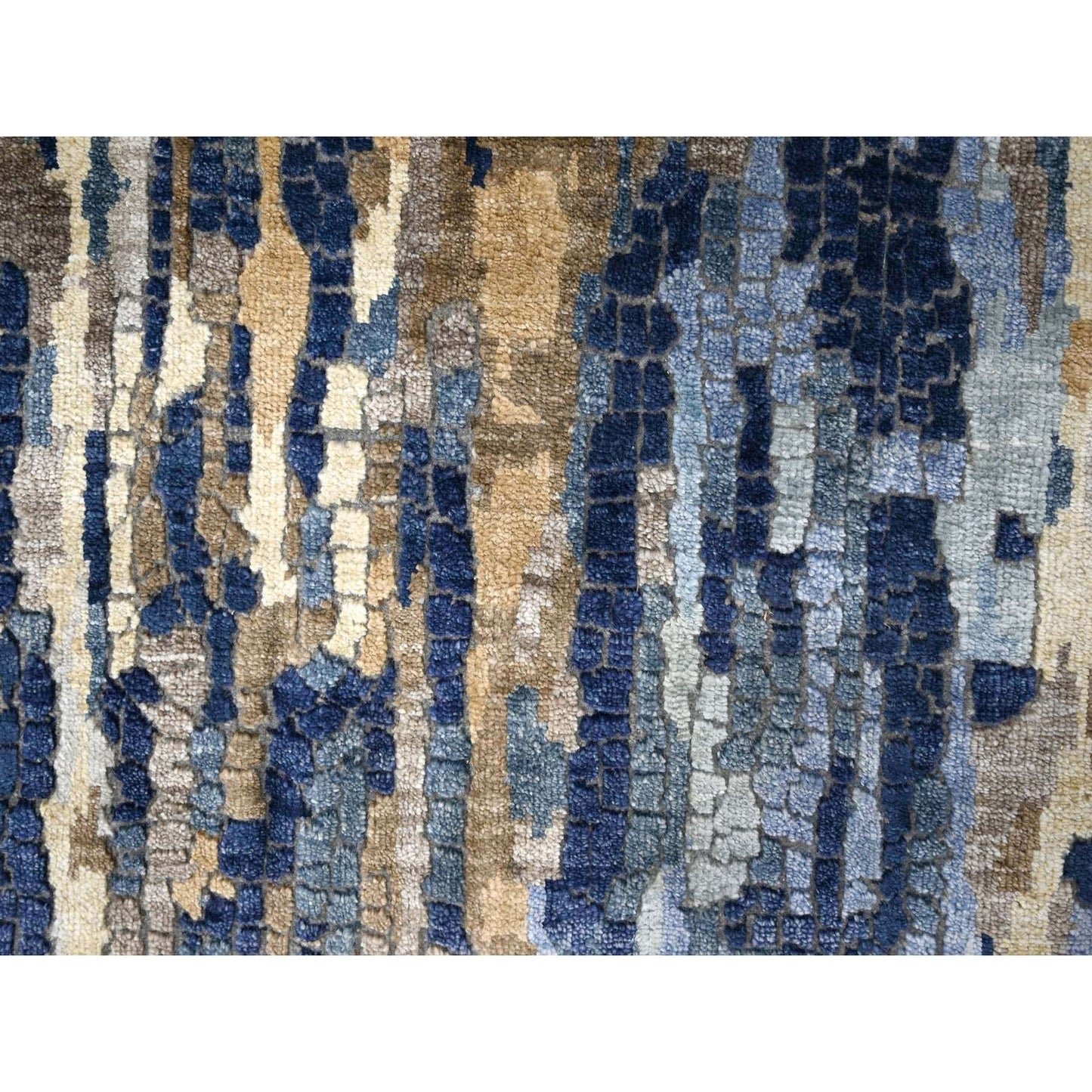 2'6"X17'9" Blue Mosaic Design Wool And Silk Hand Knotted Xl Runner Rug