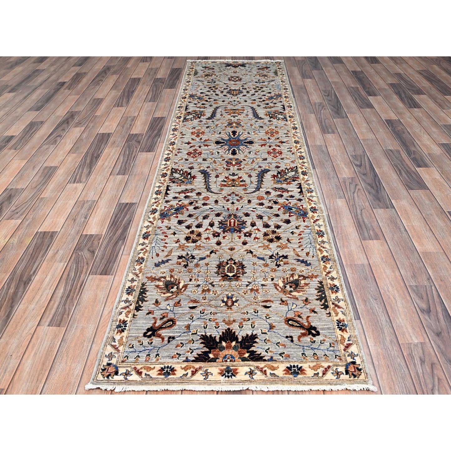 2'7"X10' Green Pure Wool Mamluk Dynasty Hand Knotted Runner 200 Kpsi Rug