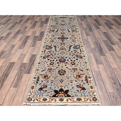 2'7"X10' Green Pure Wool Mamluk Dynasty Hand Knotted Runner 200 Kpsi Rug