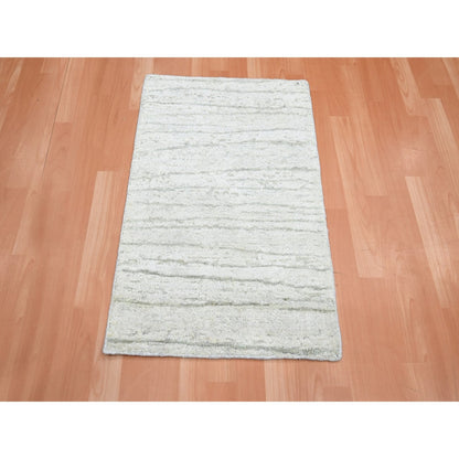2'X3' Pearl White Modern Wavy Design Hand Knotted All Silk Sample Mat Rug