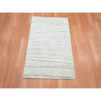 2'X3' Pearl White Modern Wavy Design Hand Knotted All Silk Sample Mat Rug