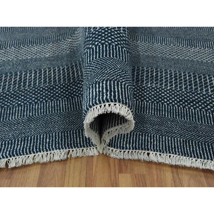 6'X9' Yankees Blue Wool And Silk Hand Knotted Grass Design Rug