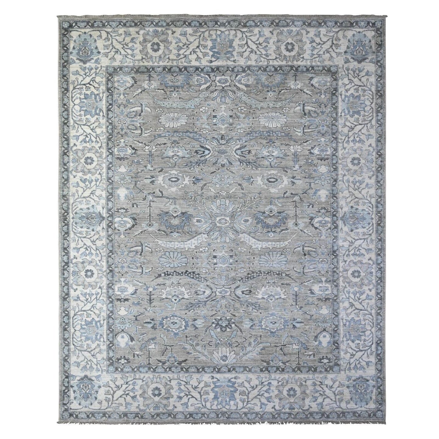 8'1"X10'1" Gray Sickle Leaf Design Hand Knotted Peshawar Heris Wool Rug