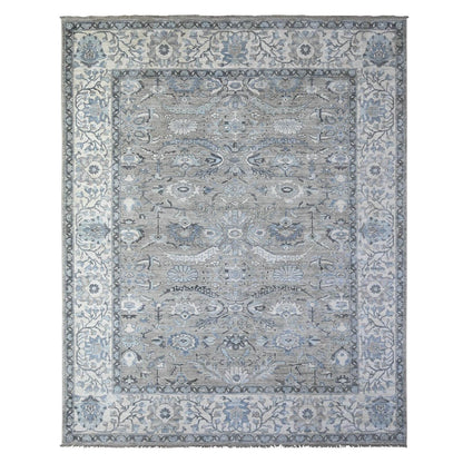 8'1"X10'1" Gray Sickle Leaf Design Hand Knotted Peshawar Heris Wool Rug