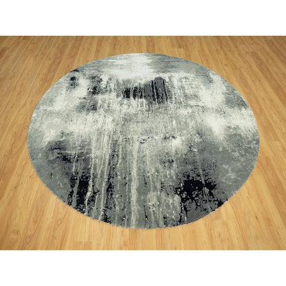 8'X8' Black Hand Knotted Abstract Wool And Silk Round Rug