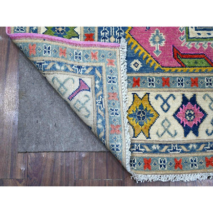 5'X6'9" Thulian Pink Colorful And Vibrant Fusion Kazak Oriental Rug