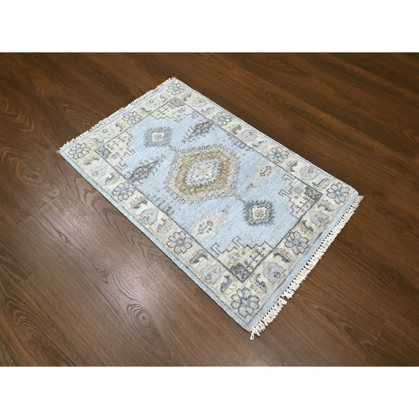2'X3' Gray Village Inspired Geometric Design Wool Hand Knotted Mat Rug