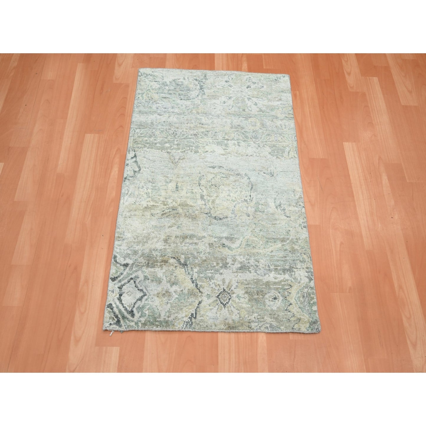 2'X3'2" Cloud Gray Wool & Silk Oushak Design Hand Knotted Sample Rug