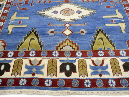 Farmho Boho Blue Geometric Kazak Oriental Rug