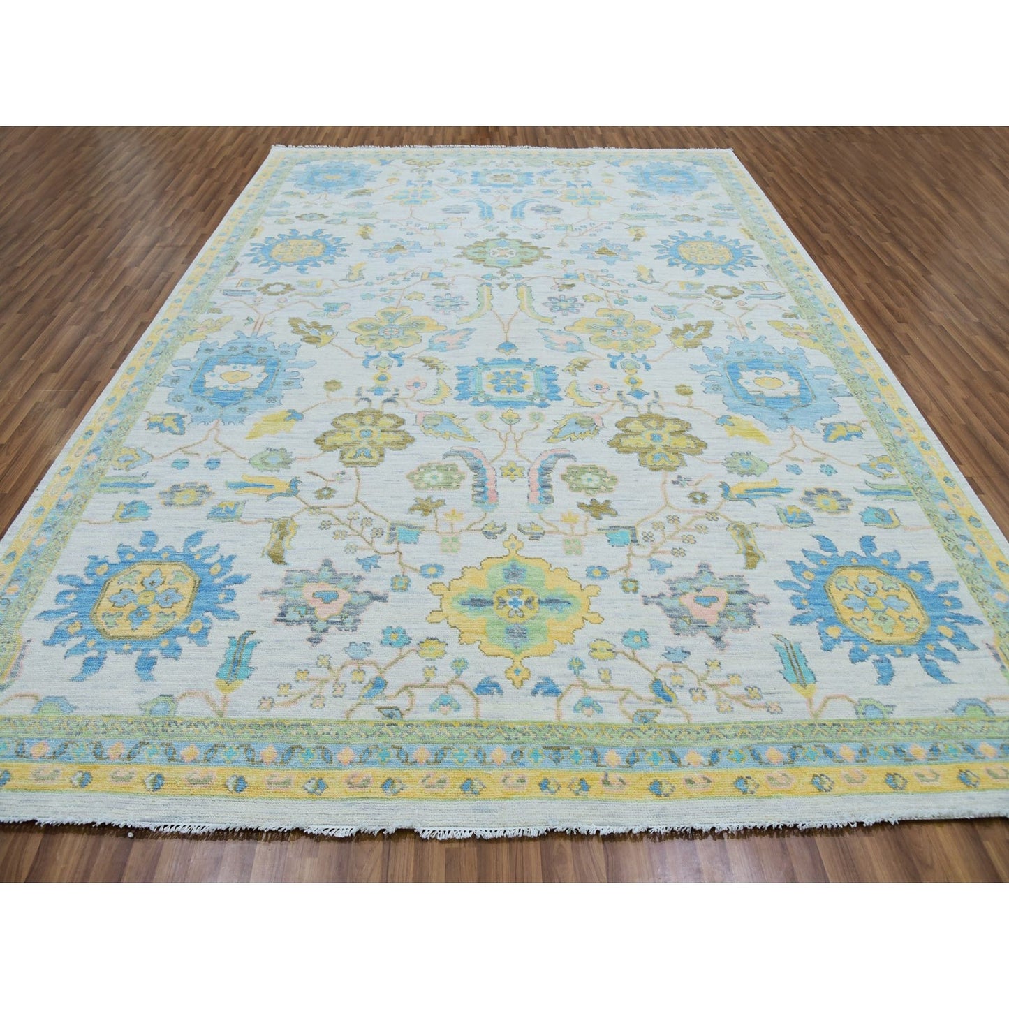 10'1"X14' Daisy Ivory Hand Knotted Oushak Weave And Design Pure Wool Rug