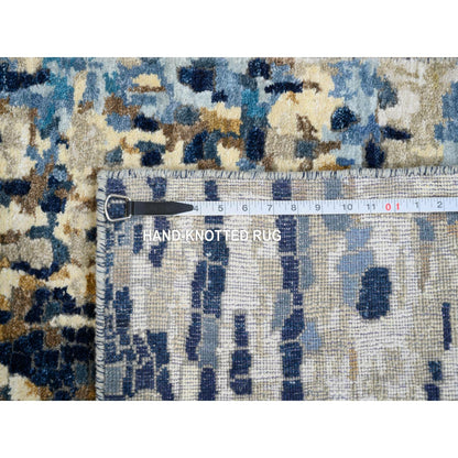 2'6"X8' Denim Blue Mosaic Design Wool And Silk Hand Knotted Runner Rug