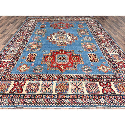 9'X11'8" Cerulean Blue Special Kazak Wool Hand Knotted Natural Dyes Rug