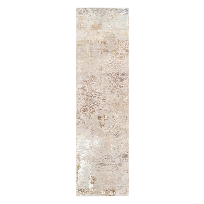 2'9"X10' Beige With Brown Modern Wool-Silk Hand Knotted Runner Rug