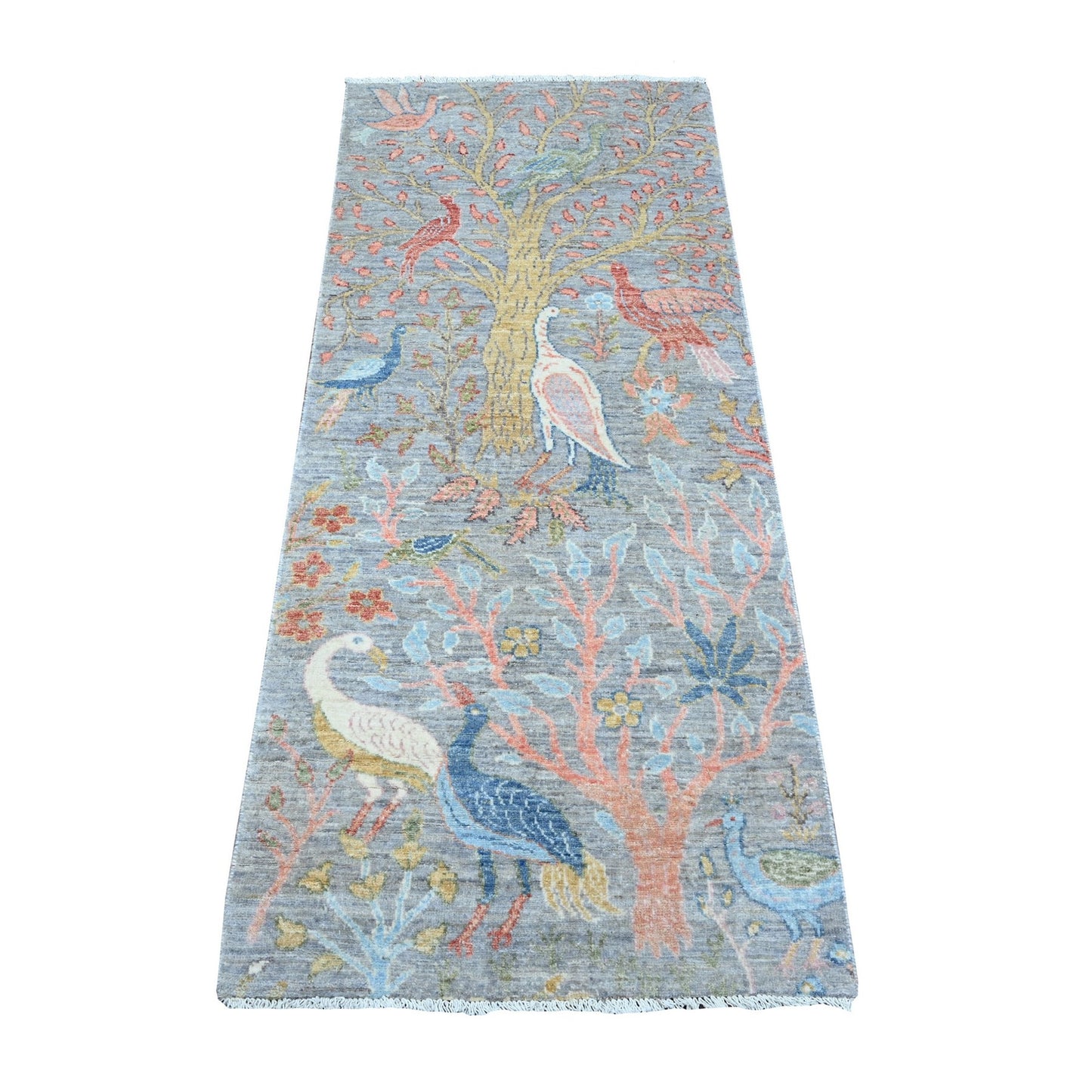 2'6"X5'10" Wales Gray Hand Knotted Peshawar Birds Paradise Wool Round Rug