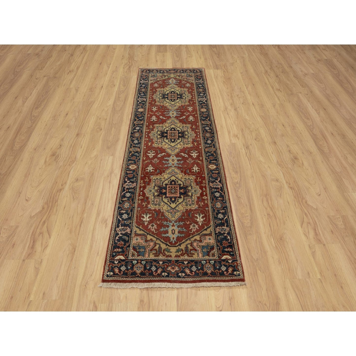 2'6"X8' Ruby Red Hand Knotted Heris Revival New Zealand Wool Runner Rug