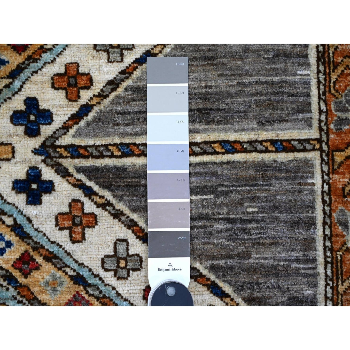 4'1"X11'9" Gray Wide Runner Afghan Village Design Wool Hand Knotted Rug