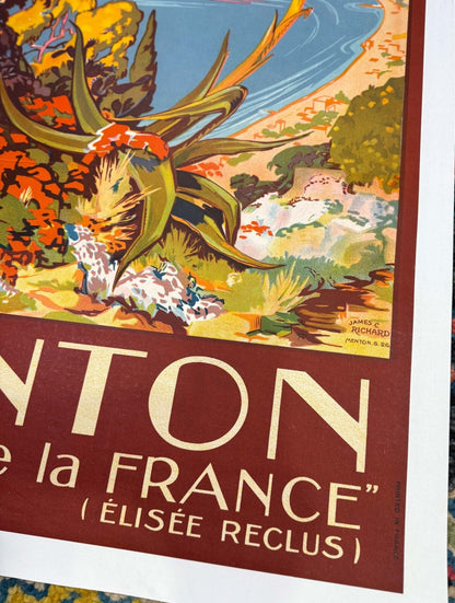 Menton Poster By James Richard 1930 For Plm French Railways Authentic Original
