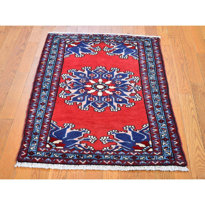2'8"X4' New Farsian Amadan Open Field Red Wool Hand Knotted Oriental Rug