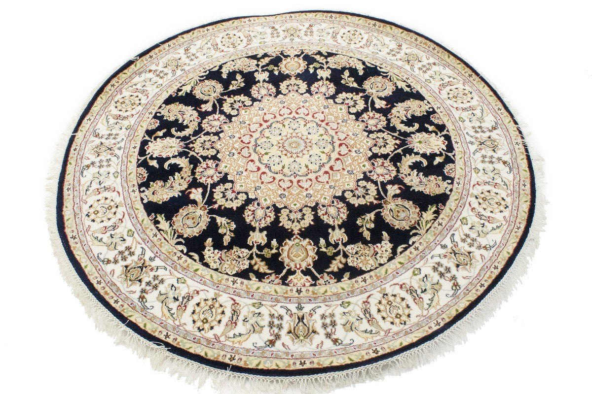 Handmade Indo-Nain Dark Navy Floral Medallion Oriental Round Rug Carpet 6X6 ft