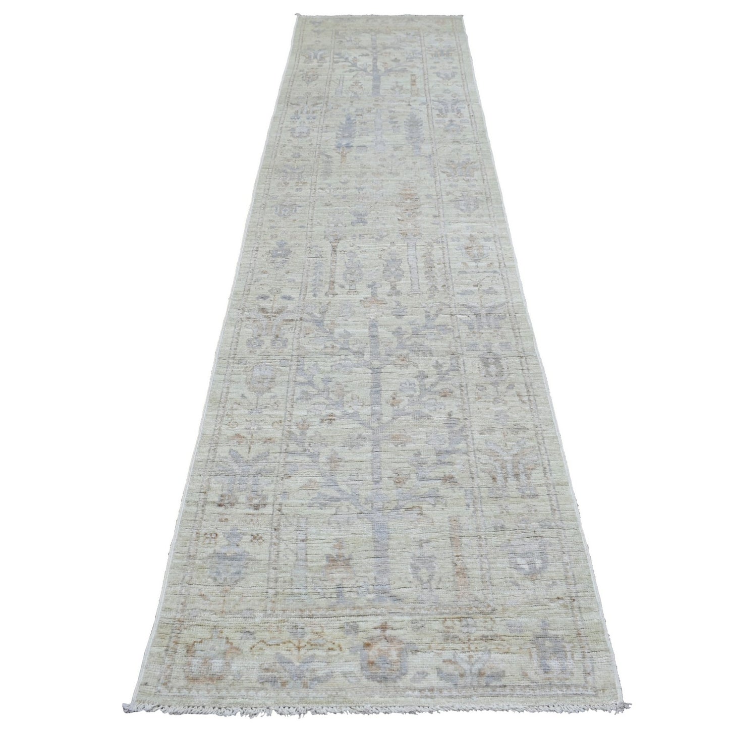 2'8"X11'9" Extra Soft Wool Hand Knotted Silver Angora Oushak Runner Rug